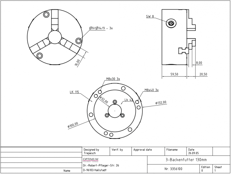 OPTIMUM 3-čelisťové sklíčidlo 125 mm pro RT 150