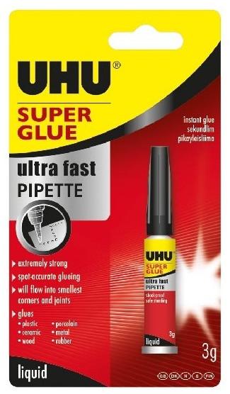 UHU Super Glue Pipette 3 g Velmi silné a rychlé sekundové lepidlo v dávkovací pipetě