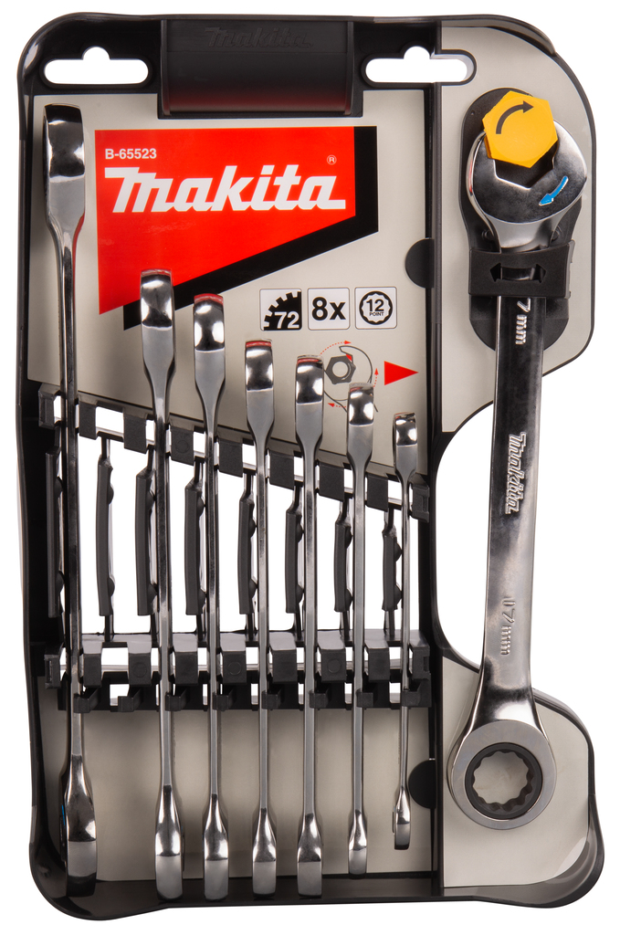 Makita B-65523 sada klíčů očkoplochých ráčnových oboustranných SW8/10/12/13/14/15/17/19mm, 8ks STOP