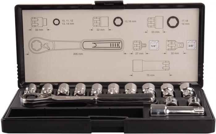 MAKITA B-65595 sada nástrčných klíčů průchozích 10/11/12/13/14/15/16/17/18/19mm + adaptér čtyřhran 1/4'''' a 3/8'''' + pr''